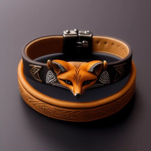 6828992095-fox bracelet made of buckskin with fox features, rich details, fine carvings, studio lighting.webp